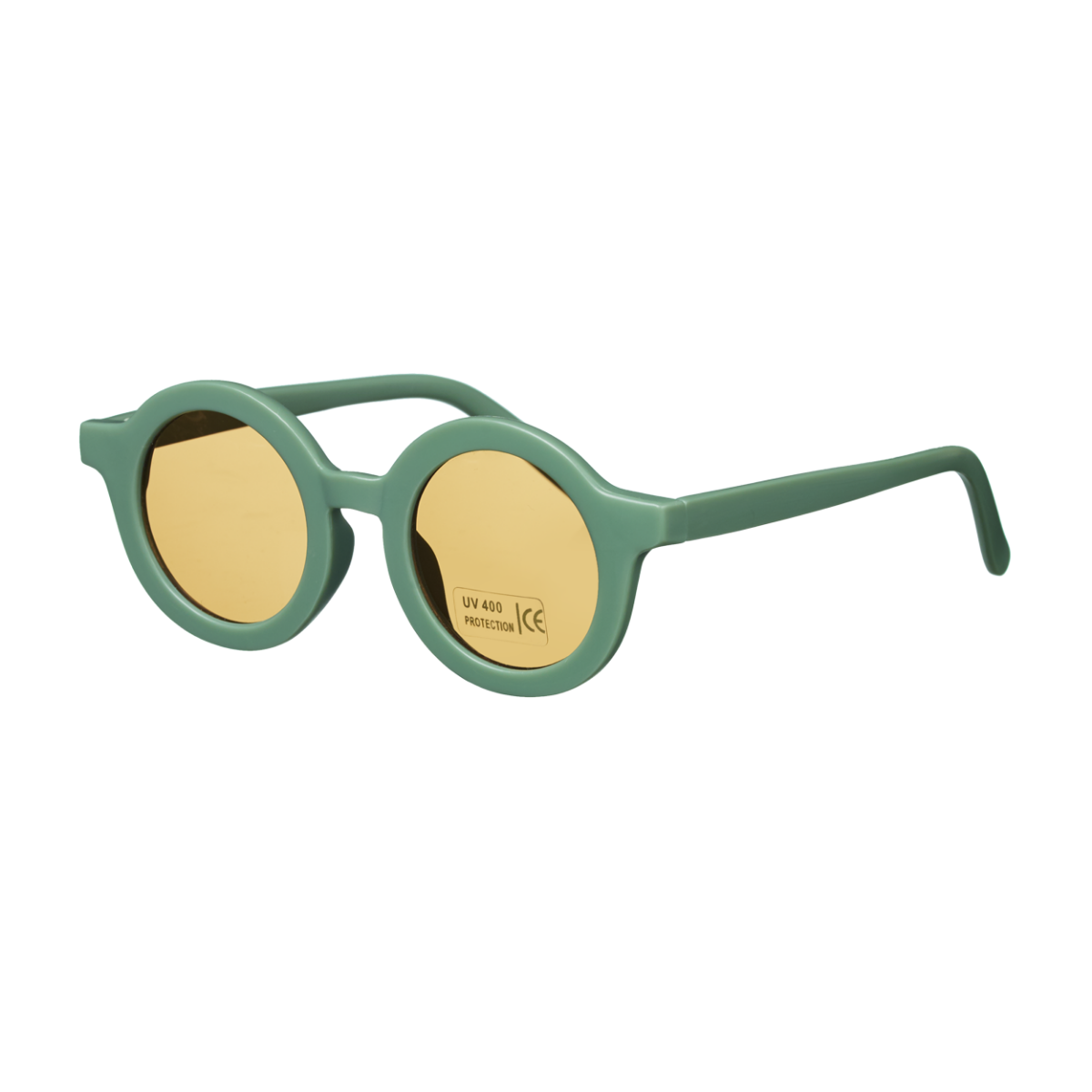 Sage green kids sunglasses with round frames, yellow lenses, and UV 400 protection.