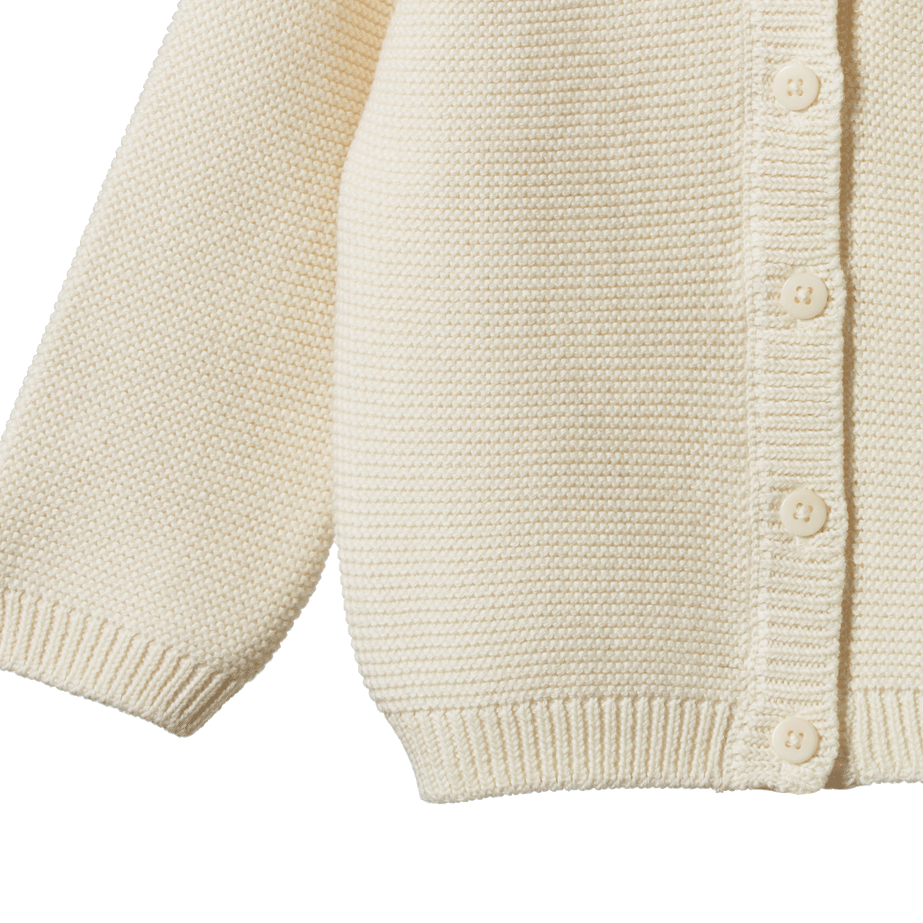 Cream organic cotton Pepi Cardigan with garter stitch knit and corozo nut buttons.