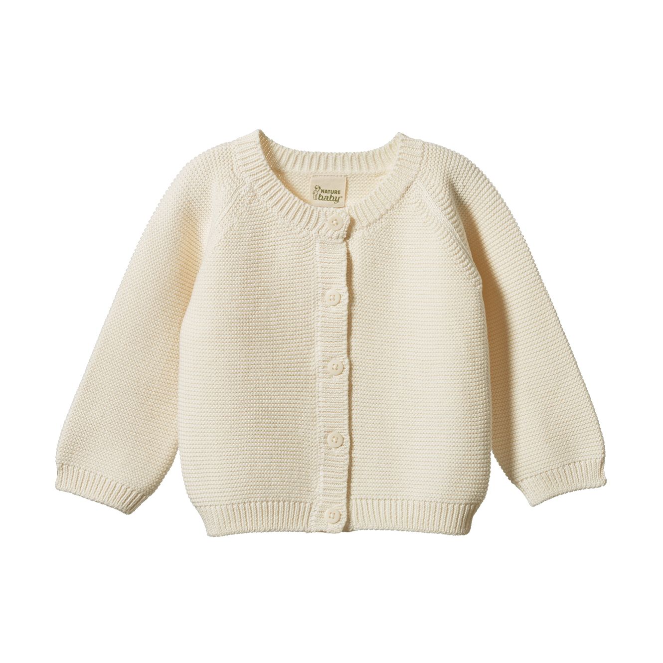 Cream organic cotton Pepi Cardigan with garter stitch knit and corozo nut buttons.