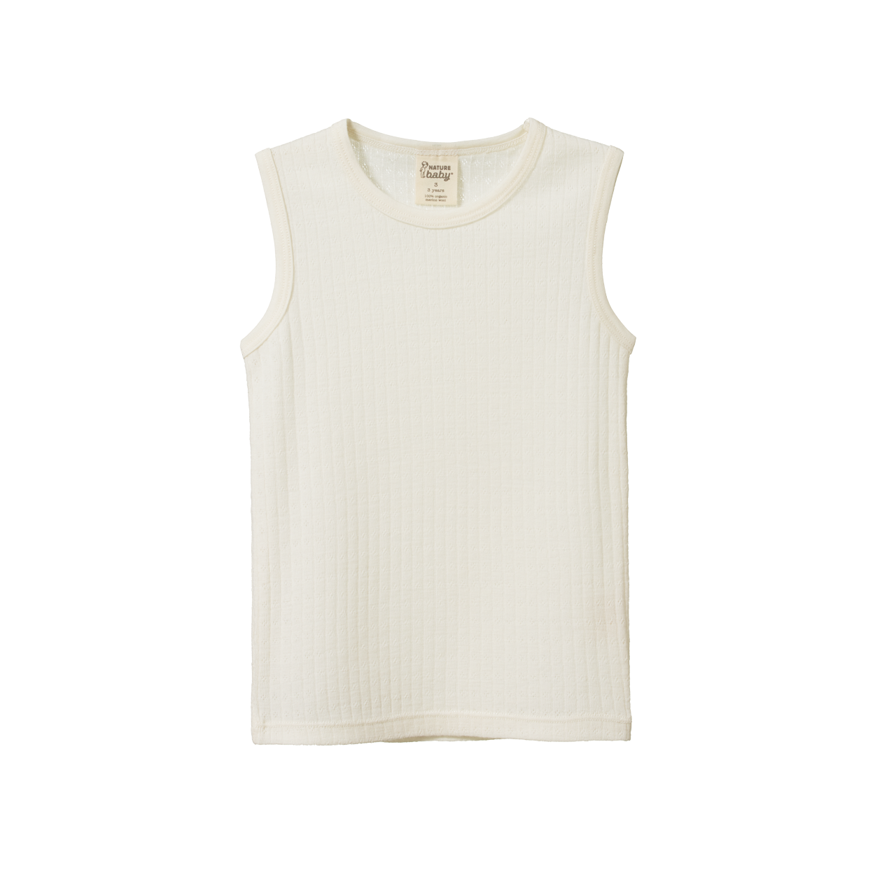 Cream organic merino wool pointelle singlet with a round crew neck and ribbed texture.