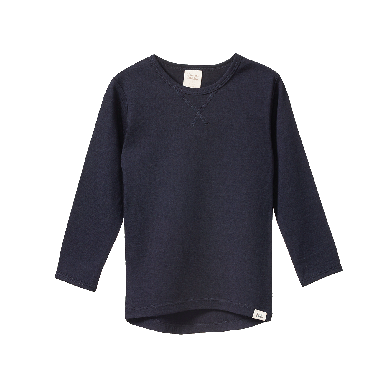 Navy organic merino wool long sleeve essential tee with crew neck and scooped hem.