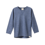 Blue organic merino wool long sleeve essential tee with crew neck and scooped hem.