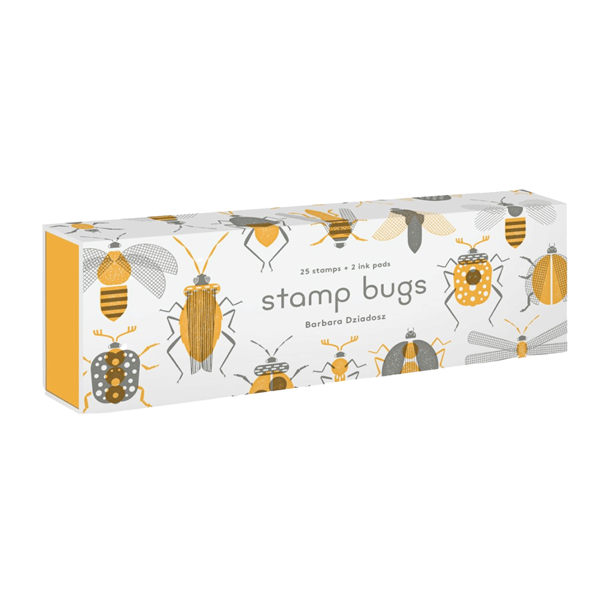 White matchbox-style box with yellow sides, featuring gray and yellow bug illustrations and "stamp bugs" text.