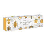 White matchbox-style box with yellow sides, featuring gray and yellow bug illustrations and "stamp bugs" text.